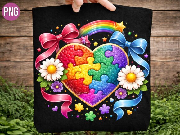 Floral Puzzle Heart Ribbon Design PNG