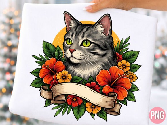 Tabby Cat Floral Botanical Design PNG: Creative Applications
